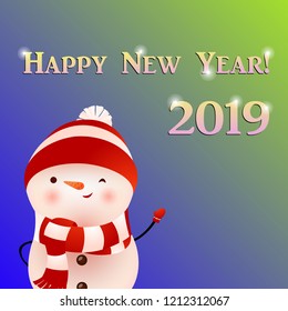 Happy New Year green and blue gradient poster design. Creative inscription with cartoon character of snowman winking and waving hand. Can be used for posters, greeting cards, banners