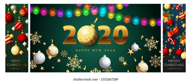 Happy New Year green, blue banner set with garland. New Year, Christmas, winter. Calligraphy with decorative design can be used for invitations, post cards, announcements