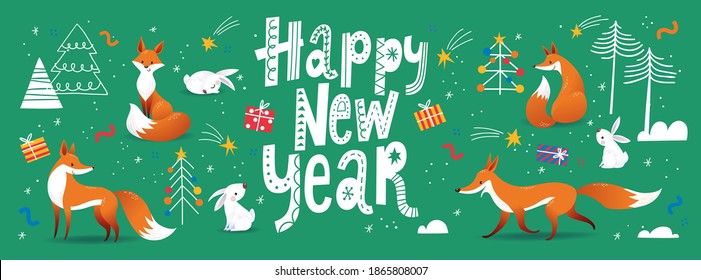 Happy New Year green card, poster or banner social media cover with Nordic decorative lettering in scandic style and cute animals characters. Cool decorative Christmas winter design