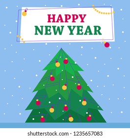 Happy New Year. Green Christmas tree decorated with toys on a blue background. Banner Snow. Vector flat illustration.