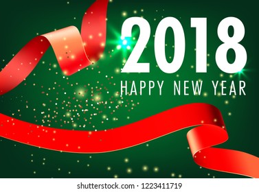 Happy New Year green postcard design. Inscription with red band, golden sparkles on green background. Can be used for banners, posters, greetings