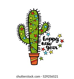 Happy New Year. Green prickly cactus and garland. Stars. Isolated vector object on white background.