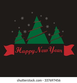 Happy New Year. Green Tree. Red Ribbon. Snow Flake
