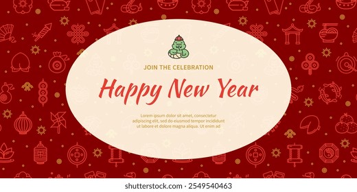 Happy New Year of Green Wooden Snake Concept Horizontal Invitation Placard Poster Banner Card Template with Thin Line Icons. Vector illustration
