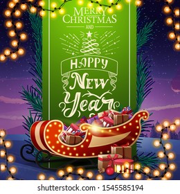 Happy New Year, greetig card with beautiful lettering, green vertical ribbon decorated Christmas tree branches and Santa Sleigh with presents