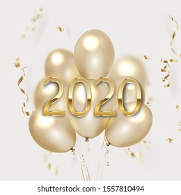 Happy New Year greeting banner with golden and silver gray flying 3d round spheres on a light background and the textured gold number 2020. Trendy design template for card, poster, banner, flyer.
