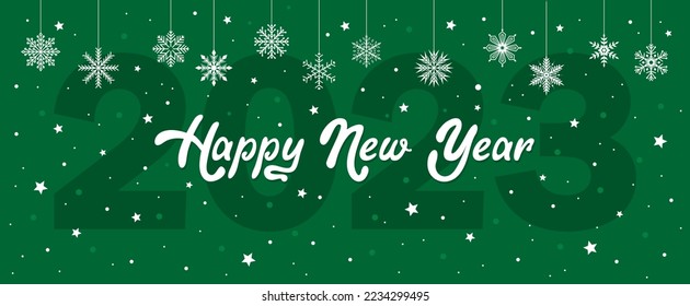 Happy New Year greeting banner with text and snowflakes on a green background. Flat vector illustration