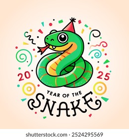 Feliz año nuevo saludo Anuncio o tarjeta. 2025 año de la serpiente. linda serpiente divertida y inscripción de saludo. Ilustración vectorial