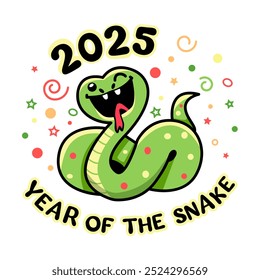 Feliz año nuevo saludo Anuncio o tarjeta. 2025 año de la serpiente. linda serpiente divertida y inscripción de saludo. Ilustración vectorial