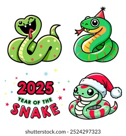 Happy new year greeting banner or card. 2025 year of set snake. cute funny snake and greeting inscription. vector illustration