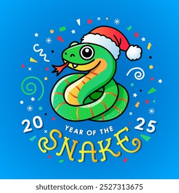 Feliz año nuevo saludo Anuncio o tarjeta. 2025 año de la serpiente. linda serpiente divertida y inscripción de saludo. Ilustración vectorial