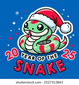 Feliz año nuevo saludo Anuncio o tarjeta. 2025 año de la serpiente. linda serpiente divertida y inscripción de saludo. Ilustración vectorial