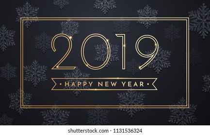 Happy New Year greeting card of sparkling snowflakes and gold glitter frame for Christmas holiday celebration on vector black premium background