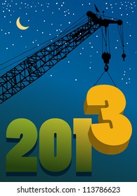 Happy New Year greeting card - crane at work, vector illustration