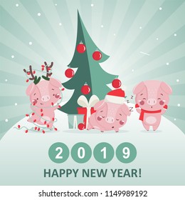 Happy new year greeting card with cute pig. Chinese symbol of the 2019 year. Design for print, poster, invitation, t-shirt. Vector illustration.
