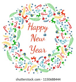 Happy New Year greeting card with wreath, Background With Typography and sock, spruce, fir-tree, lollipop, striped stick, twig, deer, Christmas toy, ball, star, snowflake, circle. EPS 8