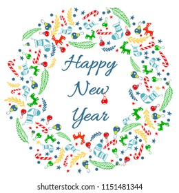 Happy New Year greeting card with wreath, Background With Typography and sock, spruce, fir-tree, lollipop, striped stick, twig, deer, Christmas toy, ball, star, snowflake, circle. EPS 8