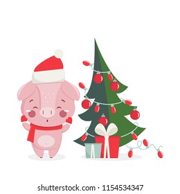 Happy new year greeting card with cute pig with nw year tree. Chinese symbol of the 2019 year. Design for print, poster, invitation, t-shirt. Vector illustration.
