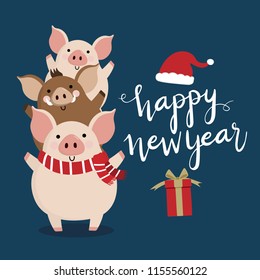 Happy new year greeting card with cute pig and boar. Animal holiday cartoon character vector. Calligraphy hand written.