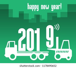 Happy New Year greeting card - fork lift truck at work, vector illustration