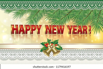 Happy New Year. Greeting card with spruce branches on a luminous background and an inscription in threedimensional format