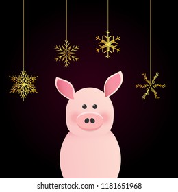 Happy New Year greeting card with chinese symbol of 2019. Vector illustration of cute pink pig. Golden snowflakes hang on threads.