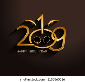 Happy New Year greeting card. Gold numbers 2019 on dark background. Face of pig Chinese symbol