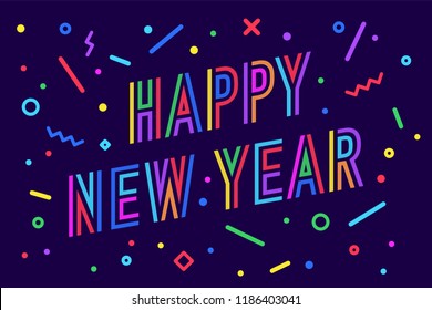 Happy New Year. Greeting card with inscription Happy New Year. Memphis geometric bright colorful style for Happy New Year or Merry Christmas. Holiday background, greeting card. Vector Illustration