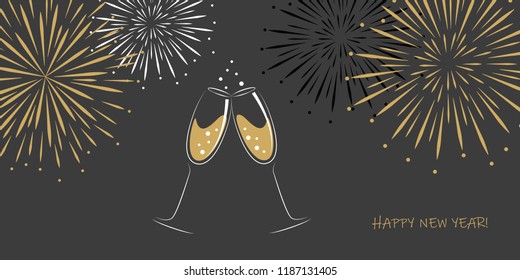 happy new year greeting card two champagne glasses and fireworks on a grey background vector illustration EPS10