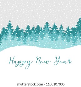 Happy New Year greeting card for New Year 2018. Vector winter holiday background with hand lettering calligraphy, falling snow, Christmas trees.