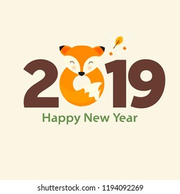 Happy New Year greeting card with cute cartoon fox. Vector illustration.