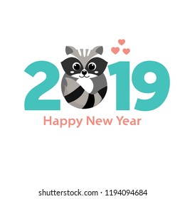 Happy New Year greeting card with cute cartoon raccoon. Vector illustration.