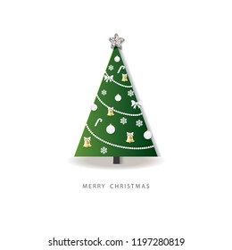 Happy new year greeting card. Christmas tree decorated. 3D paper cut out design.