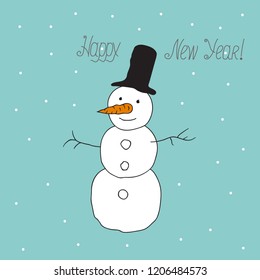 Happy New Year Greeting Card. White Doodle Snowman Wearing Bucket on Blue Background. Falling Snow. Hand Drawn Sketch Vector Illustration. Calligraphic Lettering