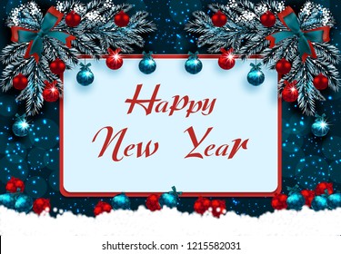Happy New Year. Greeting card with decorations on the blue Christmas tree and snow. Corner drawing. Vector illustration