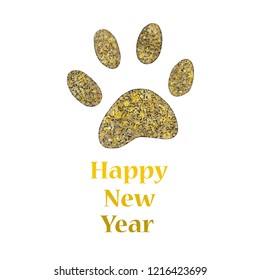 Happy new year greeting card with gold colored shining paw print