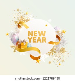 Happy New Year greeting card with gift, ribbon and snowflake