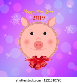 Happy New Year greeting card. Colorful vector image of a pig with a bow in a round frame. Congratulations on the 2019 year.