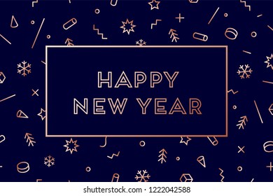 Happy New Year. Greeting card with inscription Happy New Year. Memphis geometric bright golden style for Happy New Year or Merry Christmas. Holiday background, greeting card. Vector Illustration