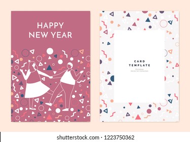 Happy new year greeting card template design, a couple dancing decorated with confetti on dark pink background