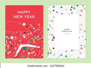 Happy new year greeting card template design, Santa Claus with his bag dancing decorated with confetti on red background