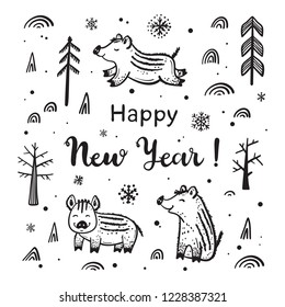 Happy New Year Greeting Card with Cute Boars. Hand Drawn Doodle Cute Wild Pigs, Snow, Snowflakes and Trees. Cartoon Chinese Zodiac Animal. Symbol of Lunar Chinese New Year 2019. Vector Illustration