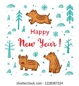 Happy New Year Greeting Card with Cute Boars. Hand Drawn Doodle Cute Wild Pigs, Snow, Snowflakes and Trees. Cartoon Chinese Zodiac Animal. Symbol of Lunar Chinese New Year 2019. Vector Illustration
