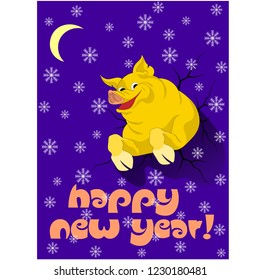 happy new year greeting card with yellow pig and snowflakes