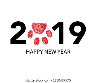 Happy new year greeting card with 2019 text and doodle red paw prints