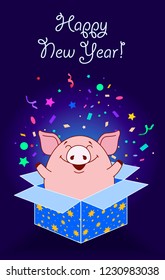 Happy New year greeting card. Piggy jumping out of a gift box and throwing confetti on a blue background. Vector