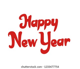 Happy New Year greeting card with white lettering design. Red vector comic style letters for banners or card on a white background. Decorative hand drawn font composition