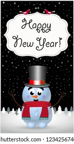 Happy new year greeting card of cute cartoon smiling snowman character in cylinder, kniting scarf and hands up standing on snowy winter night landscape and hand written lettering. Vector illustration