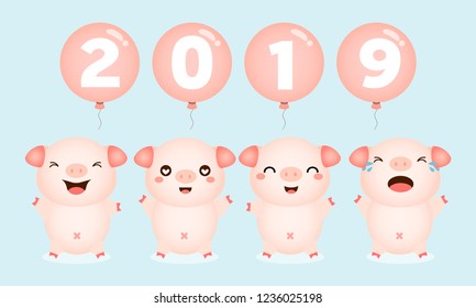  Happy new year greeting card. Cute pink pigs cartoon hanging on the 2019 balloons.