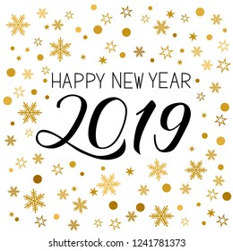 Happy New Year greeting card. Hand written numbers 2019. Gold Holidays pattern with snowflakes and dots. Typography poster. Easy to edit vector template for your design projects.